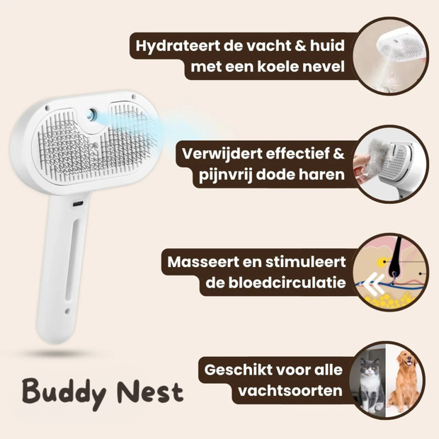 BuddyNest SteamBrush - Professionele Vachtverzorgings Borstel voor Huisdieren